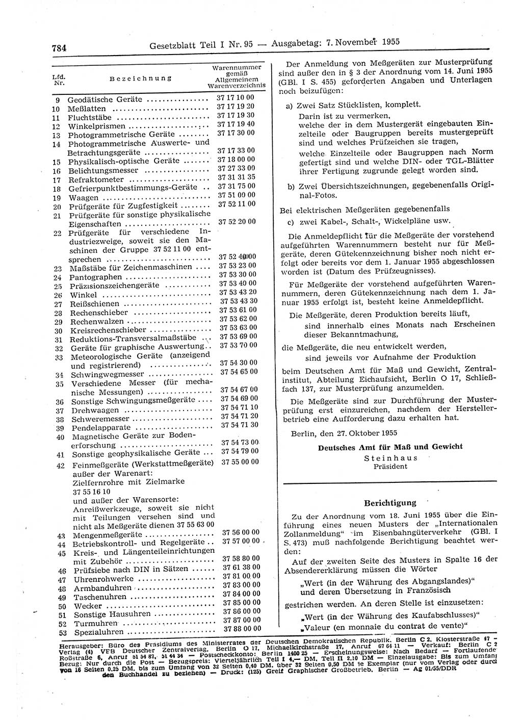 Gesetzblatt (GBl.) der Deutschen Demokratischen Republik (DDR) Teil Ⅰ 1955, Seite 784 (GBl. DDR Ⅰ 1955, S. 784)