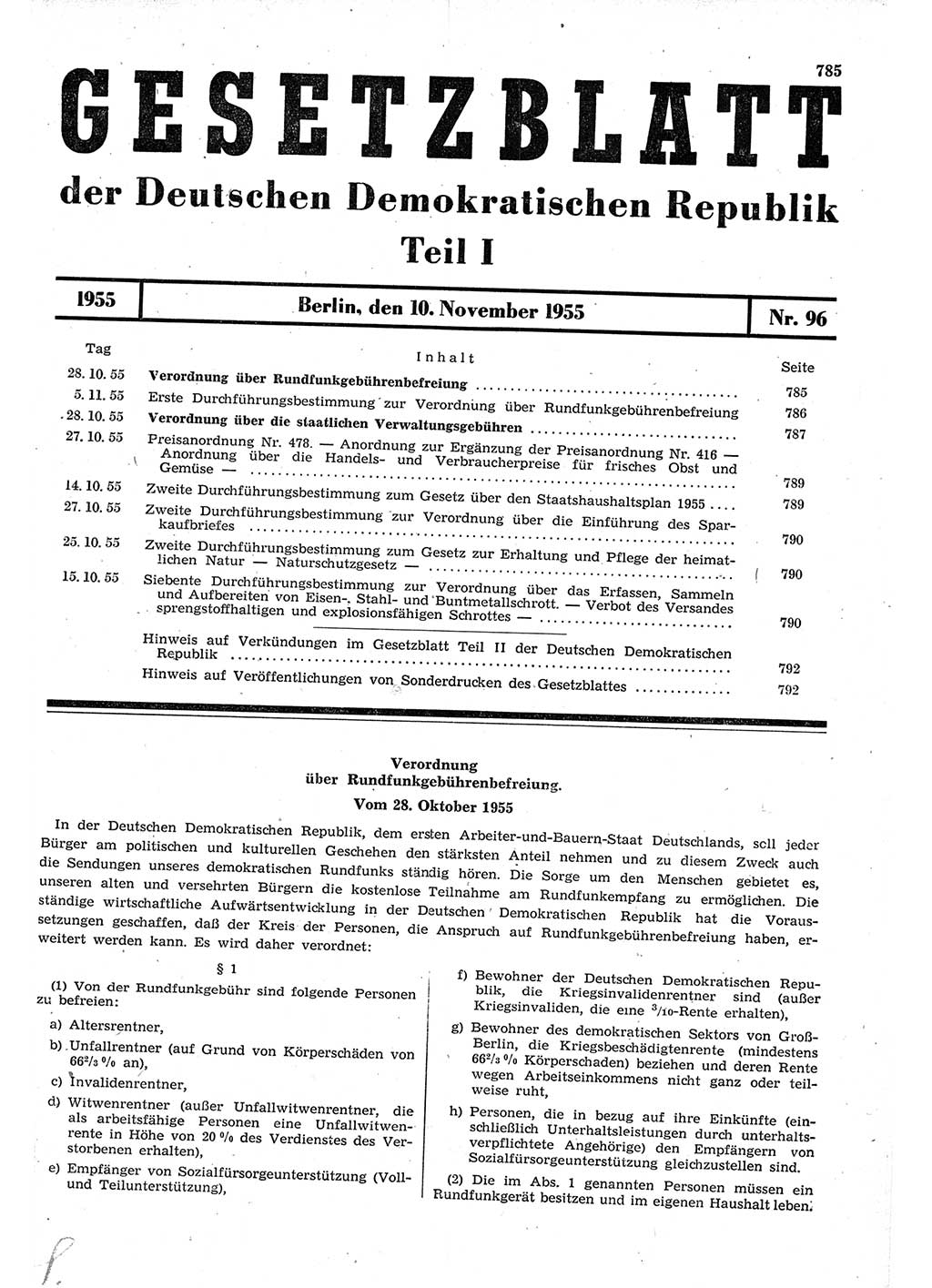 Gesetzblatt (GBl.) der Deutschen Demokratischen Republik (DDR) Teil Ⅰ 1955, Seite 785 (GBl. DDR Ⅰ 1955, S. 785)