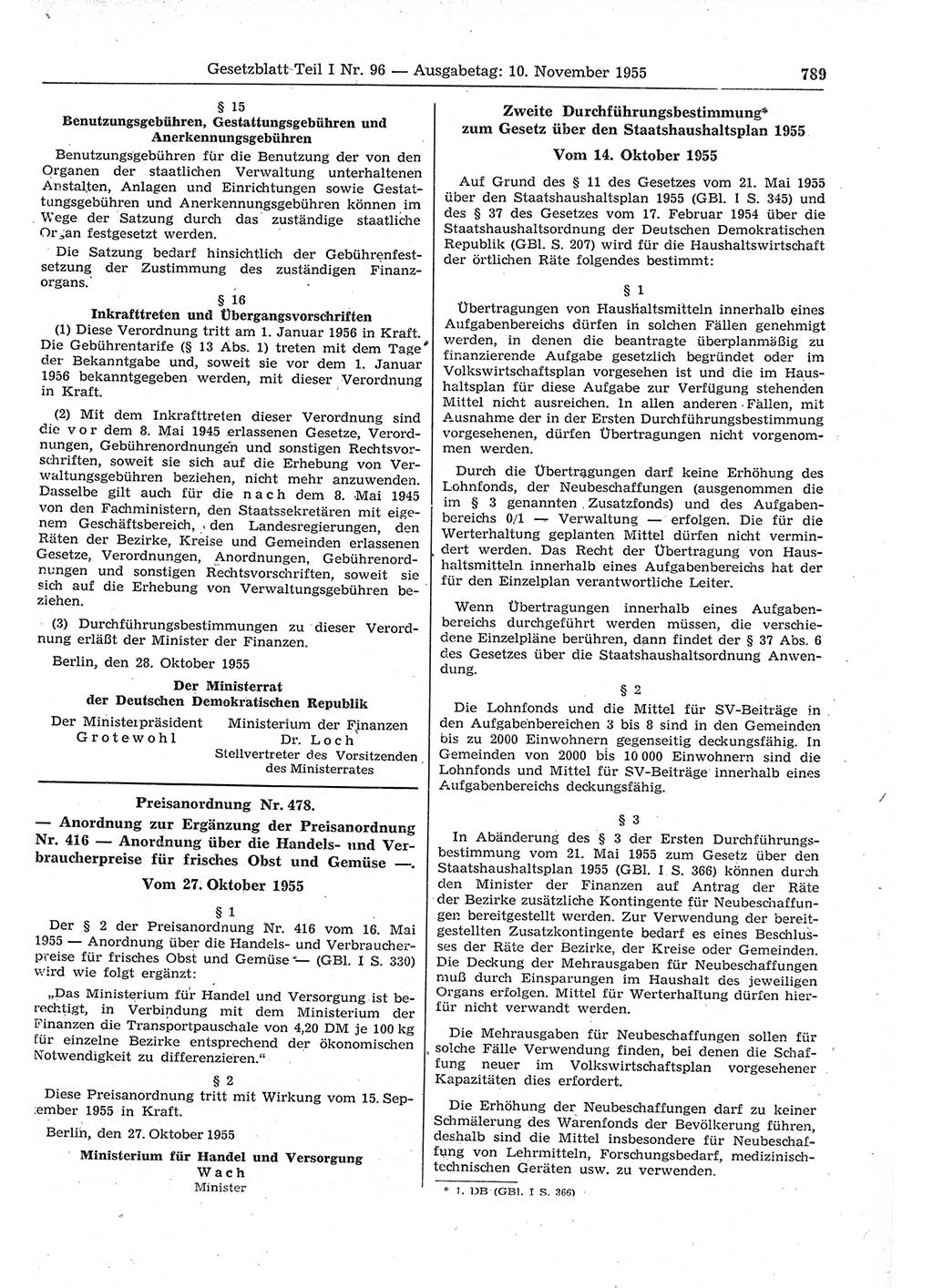 Gesetzblatt (GBl.) der Deutschen Demokratischen Republik (DDR) Teil Ⅰ 1955, Seite 789 (GBl. DDR Ⅰ 1955, S. 789)