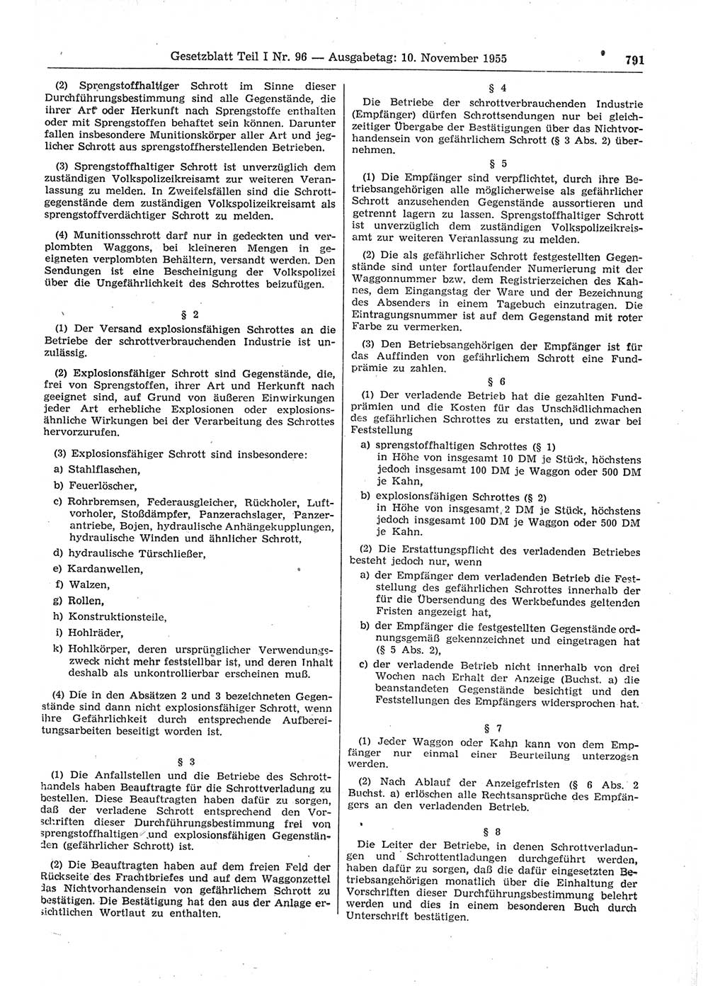 Gesetzblatt (GBl.) der Deutschen Demokratischen Republik (DDR) Teil Ⅰ 1955, Seite 791 (GBl. DDR Ⅰ 1955, S. 791)