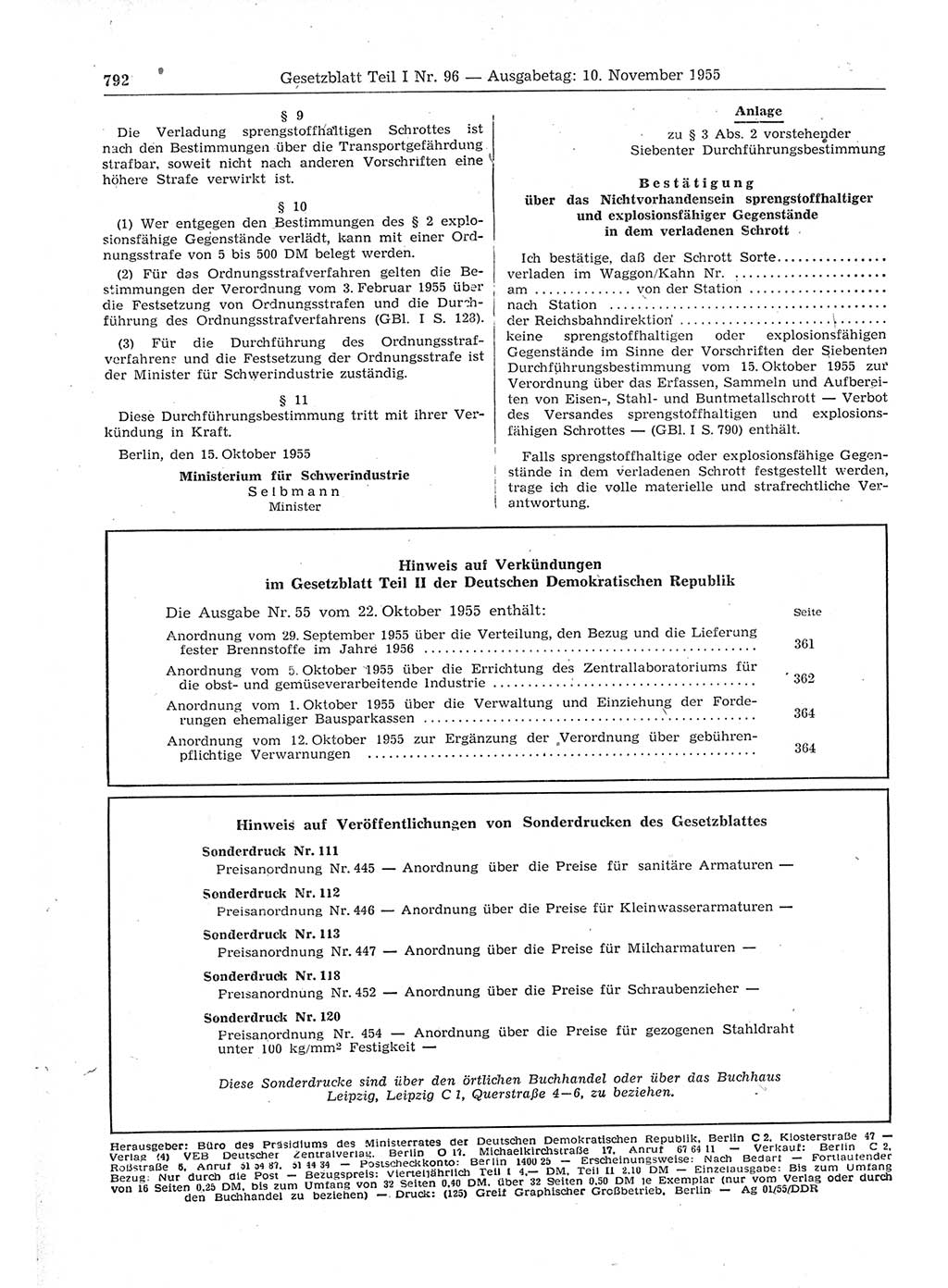 Gesetzblatt (GBl.) der Deutschen Demokratischen Republik (DDR) Teil Ⅰ 1955, Seite 792 (GBl. DDR Ⅰ 1955, S. 792)