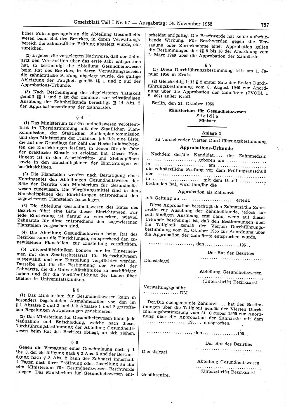 Gesetzblatt (GBl.) der Deutschen Demokratischen Republik (DDR) Teil Ⅰ 1955, Seite 797 (GBl. DDR Ⅰ 1955, S. 797)