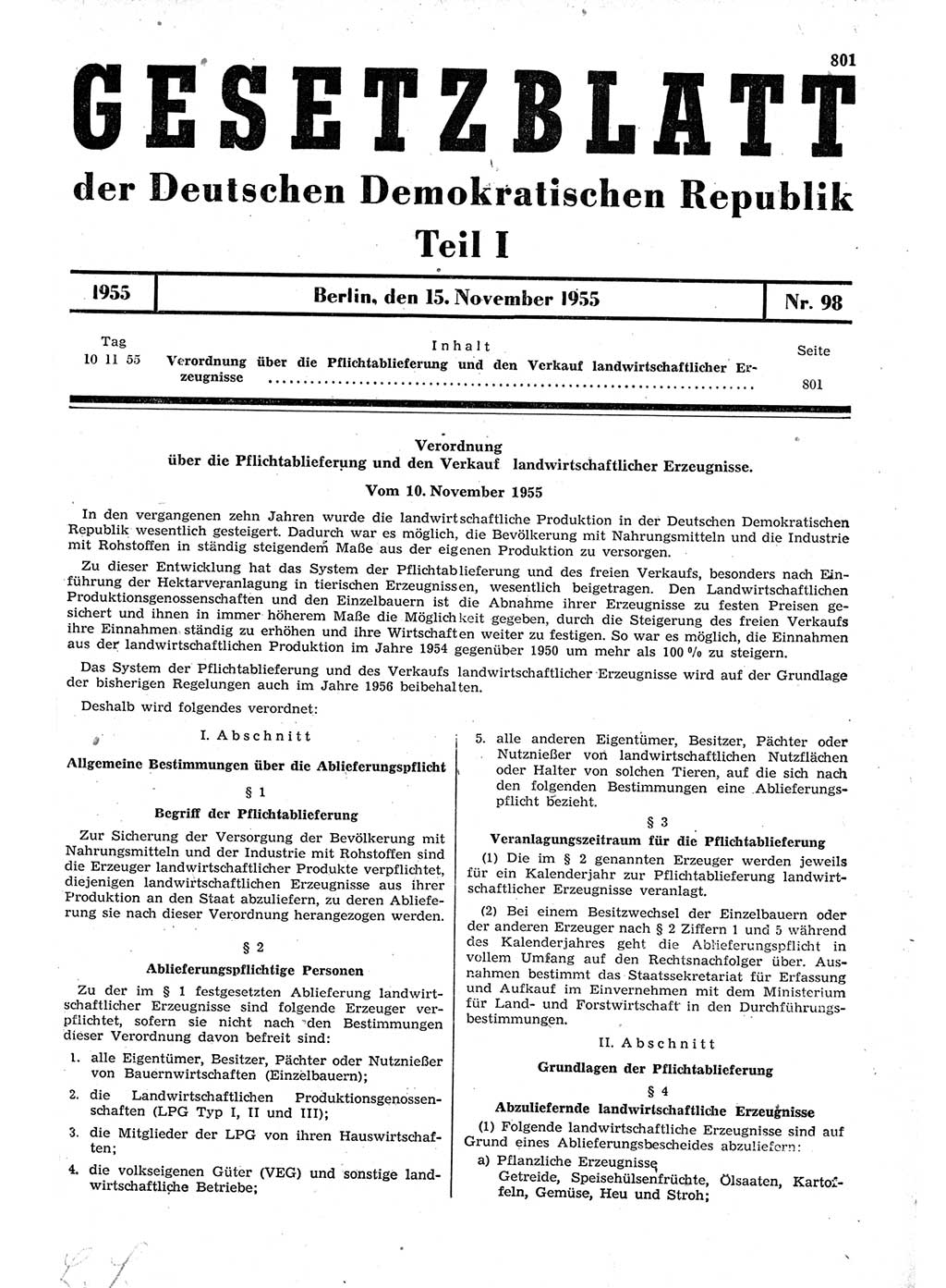 Gesetzblatt (GBl.) der Deutschen Demokratischen Republik (DDR) Teil Ⅰ 1955, Seite 801 (GBl. DDR Ⅰ 1955, S. 801)