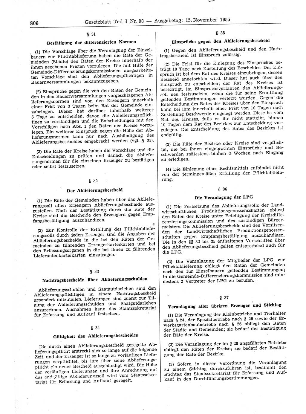 Gesetzblatt (GBl.) der Deutschen Demokratischen Republik (DDR) Teil Ⅰ 1955, Seite 806 (GBl. DDR Ⅰ 1955, S. 806)