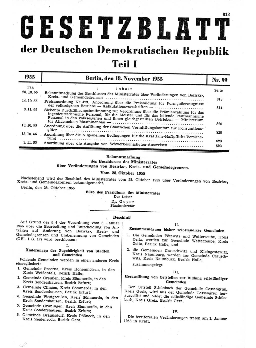 Gesetzblatt (GBl.) der Deutschen Demokratischen Republik (DDR) Teil Ⅰ 1955, Seite 813 (GBl. DDR Ⅰ 1955, S. 813)
