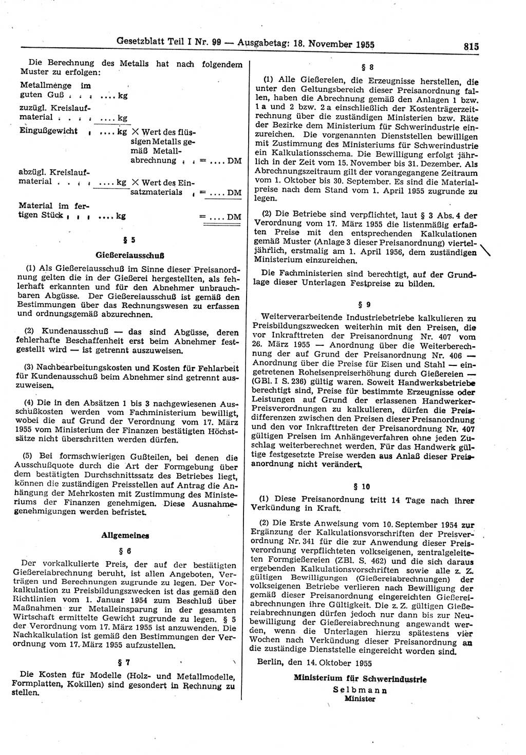 Gesetzblatt (GBl.) der Deutschen Demokratischen Republik (DDR) Teil Ⅰ 1955, Seite 815 (GBl. DDR Ⅰ 1955, S. 815)