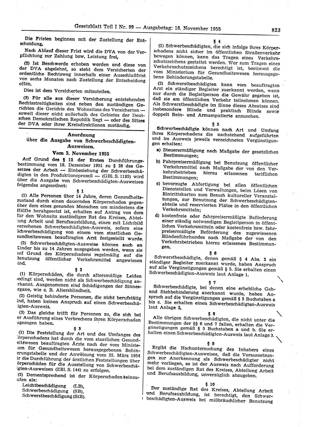 Gesetzblatt (GBl.) der Deutschen Demokratischen Republik (DDR) Teil Ⅰ 1955, Seite 823 (GBl. DDR Ⅰ 1955, S. 823)