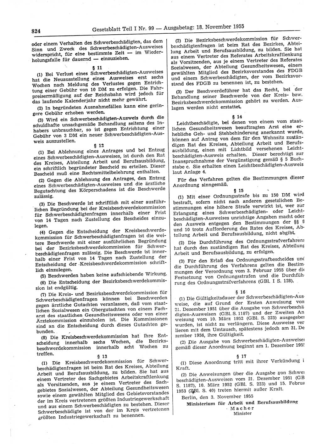 Gesetzblatt (GBl.) der Deutschen Demokratischen Republik (DDR) Teil Ⅰ 1955, Seite 824 (GBl. DDR Ⅰ 1955, S. 824)