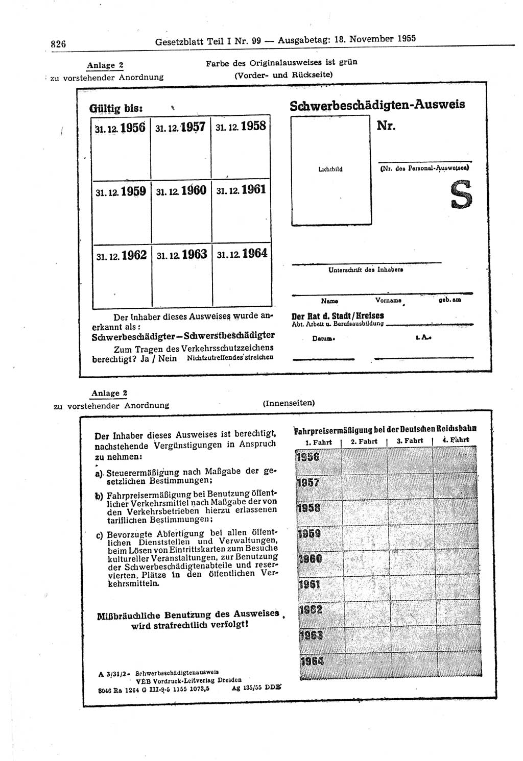 Gesetzblatt (GBl.) der Deutschen Demokratischen Republik (DDR) Teil Ⅰ 1955, Seite 826 (GBl. DDR Ⅰ 1955, S. 826)