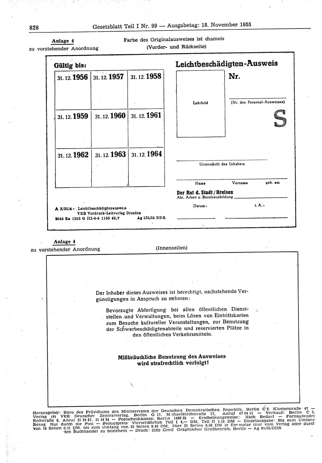 Gesetzblatt (GBl.) der Deutschen Demokratischen Republik (DDR) Teil Ⅰ 1955, Seite 828 (GBl. DDR Ⅰ 1955, S. 828)
