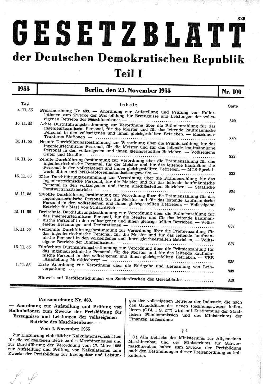 Gesetzblatt (GBl.) der Deutschen Demokratischen Republik (DDR) Teil Ⅰ 1955, Seite 829 (GBl. DDR Ⅰ 1955, S. 829)