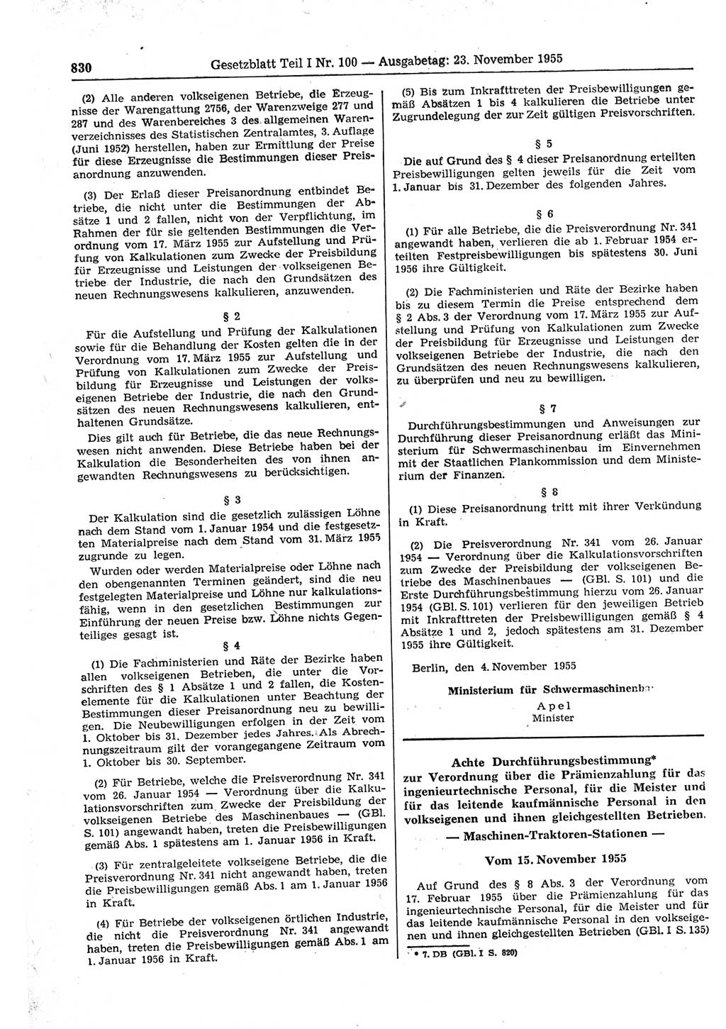 Gesetzblatt (GBl.) der Deutschen Demokratischen Republik (DDR) Teil Ⅰ 1955, Seite 830 (GBl. DDR Ⅰ 1955, S. 830)