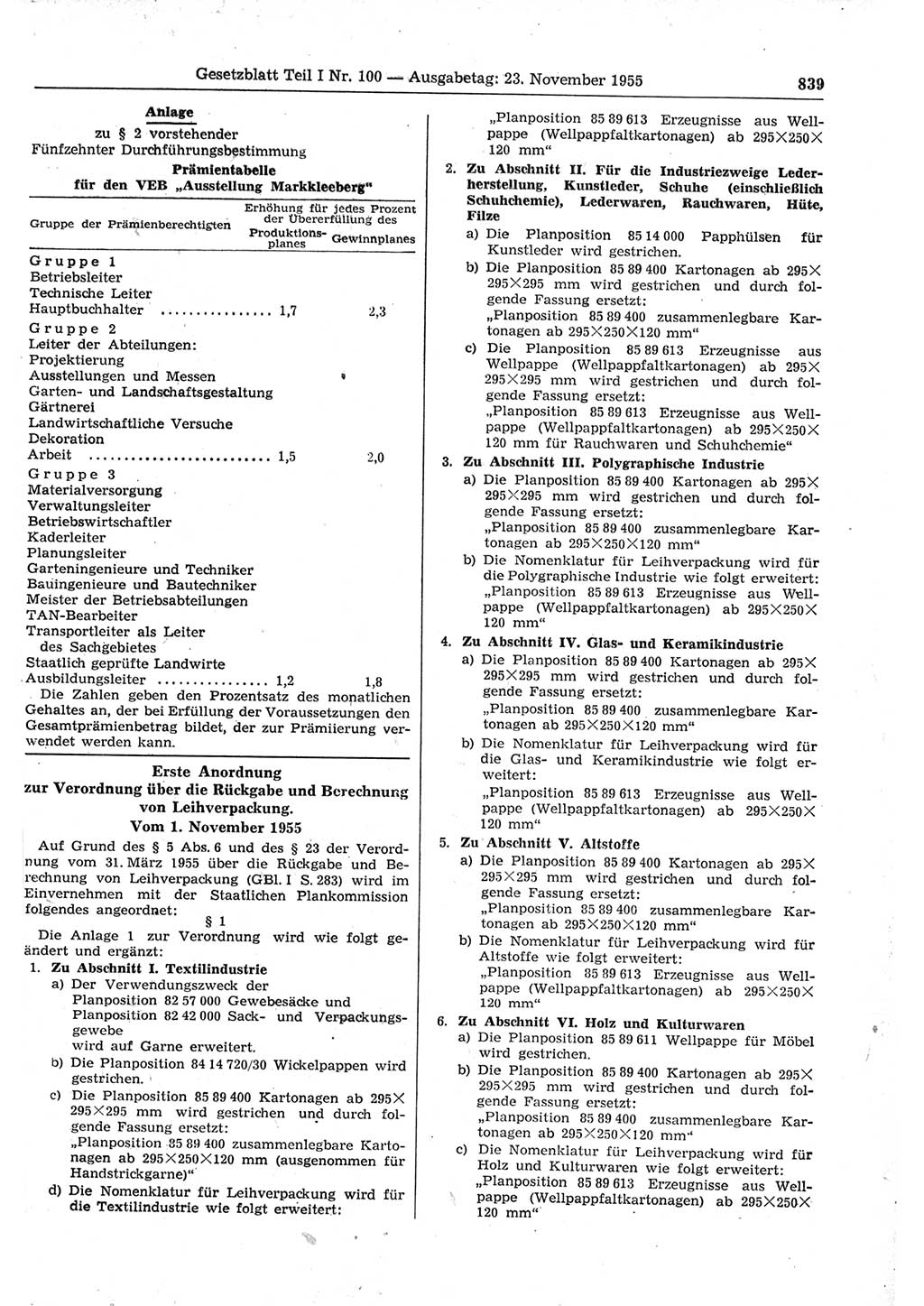 Gesetzblatt (GBl.) der Deutschen Demokratischen Republik (DDR) Teil Ⅰ 1955, Seite 839 (GBl. DDR Ⅰ 1955, S. 839)