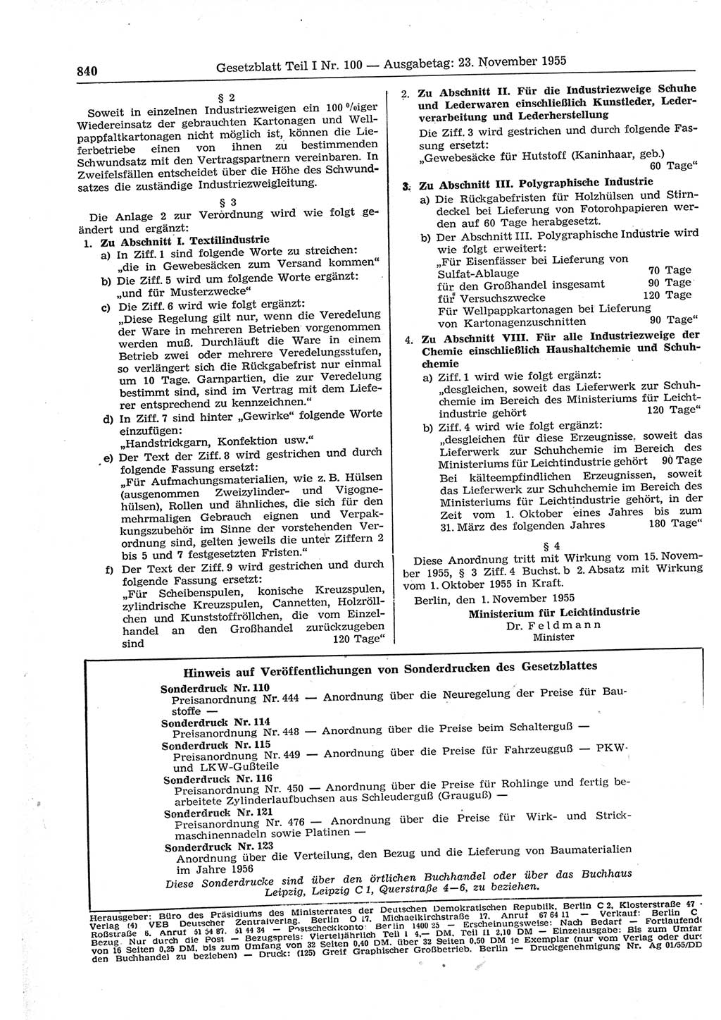 Gesetzblatt (GBl.) der Deutschen Demokratischen Republik (DDR) Teil Ⅰ 1955, Seite 840 (GBl. DDR Ⅰ 1955, S. 840)