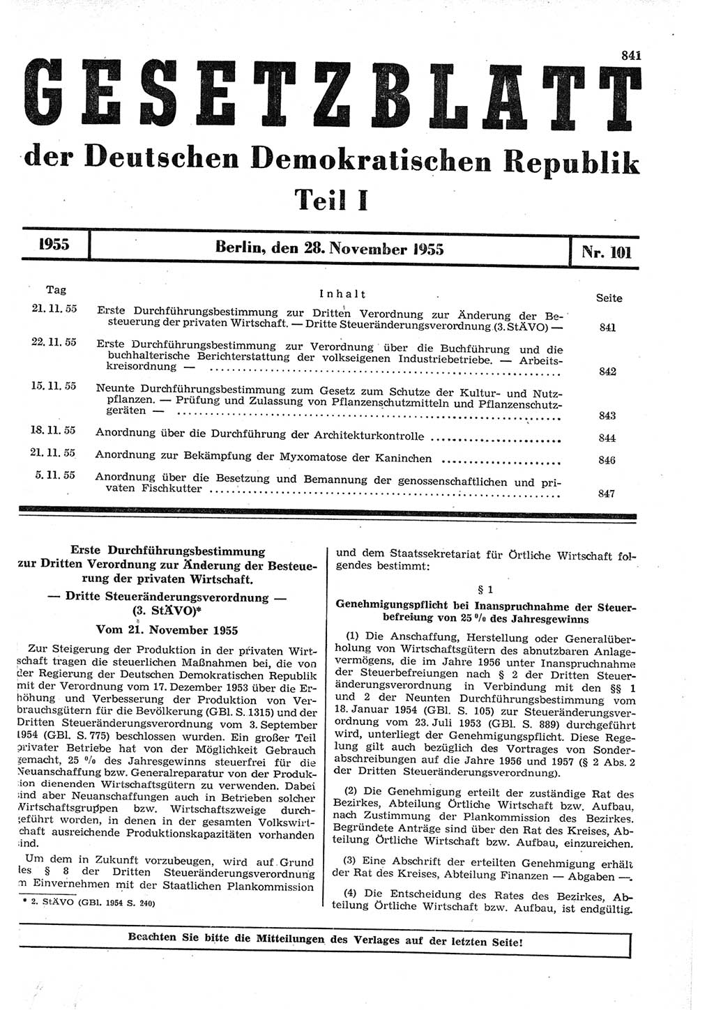 Gesetzblatt (GBl.) der Deutschen Demokratischen Republik (DDR) Teil Ⅰ 1955, Seite 841 (GBl. DDR Ⅰ 1955, S. 841)