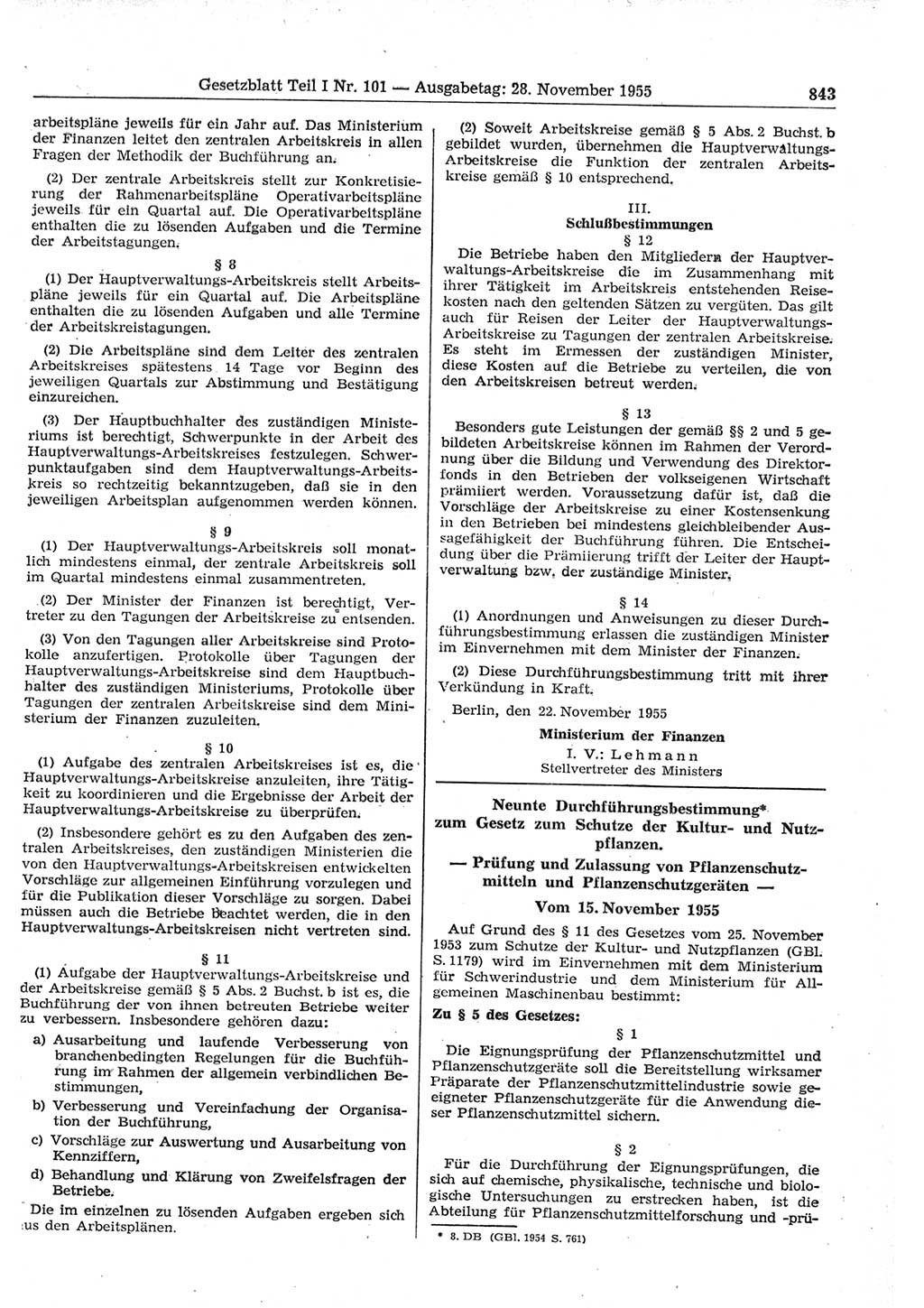 Gesetzblatt (GBl.) der Deutschen Demokratischen Republik (DDR) Teil Ⅰ 1955, Seite 843 (GBl. DDR Ⅰ 1955, S. 843)