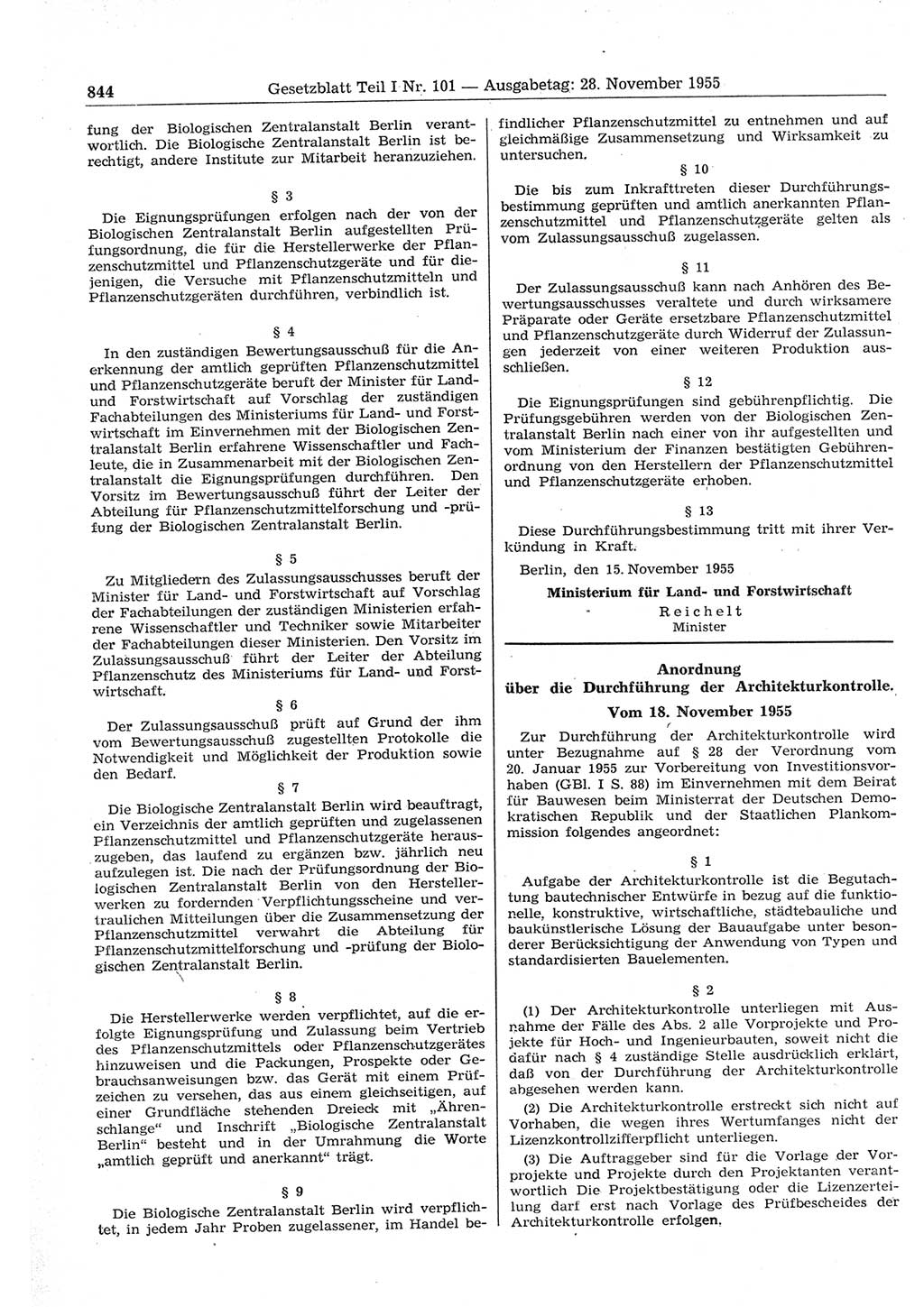Gesetzblatt (GBl.) der Deutschen Demokratischen Republik (DDR) Teil Ⅰ 1955, Seite 844 (GBl. DDR Ⅰ 1955, S. 844)