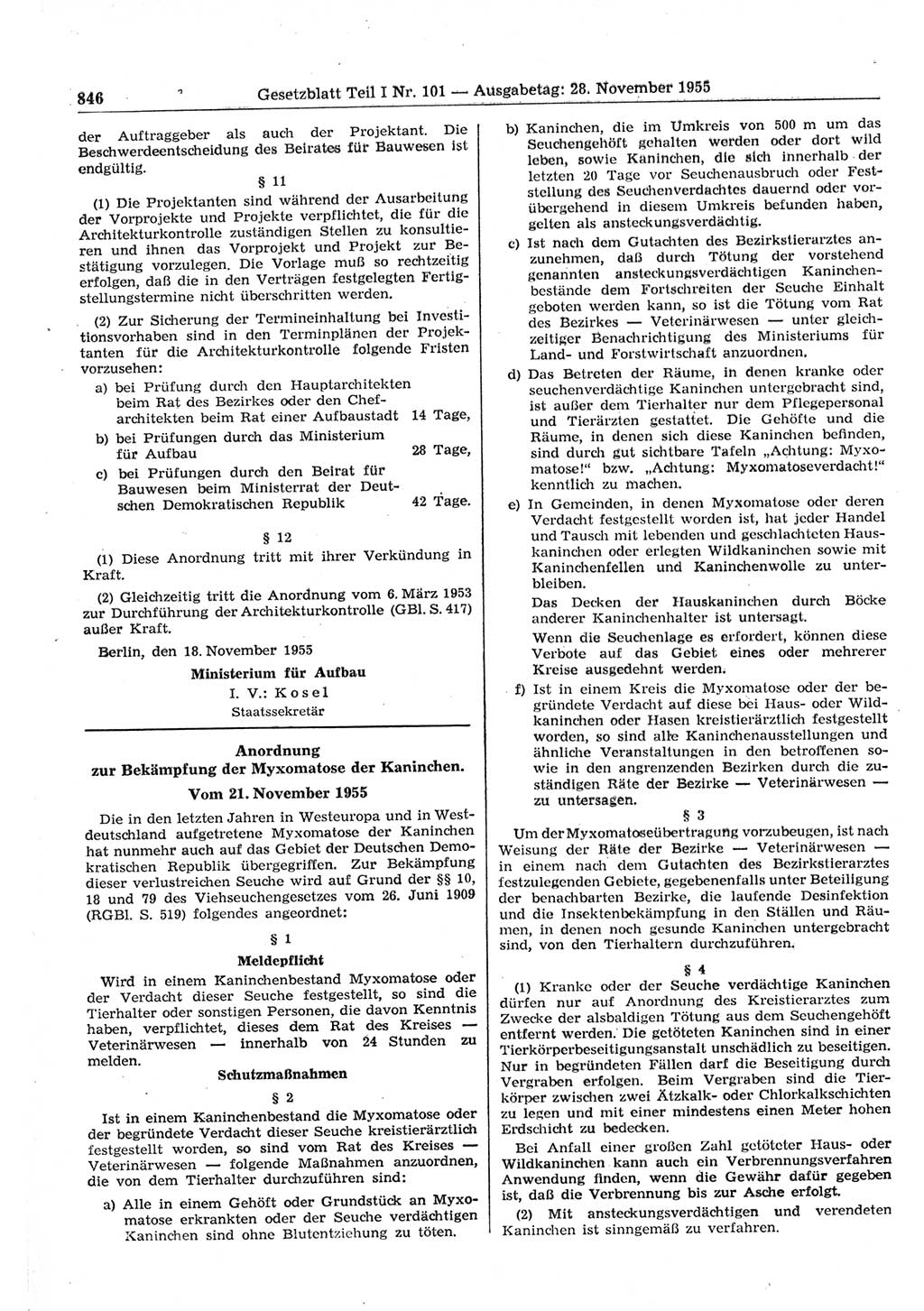 Gesetzblatt (GBl.) der Deutschen Demokratischen Republik (DDR) Teil Ⅰ 1955, Seite 846 (GBl. DDR Ⅰ 1955, S. 846)