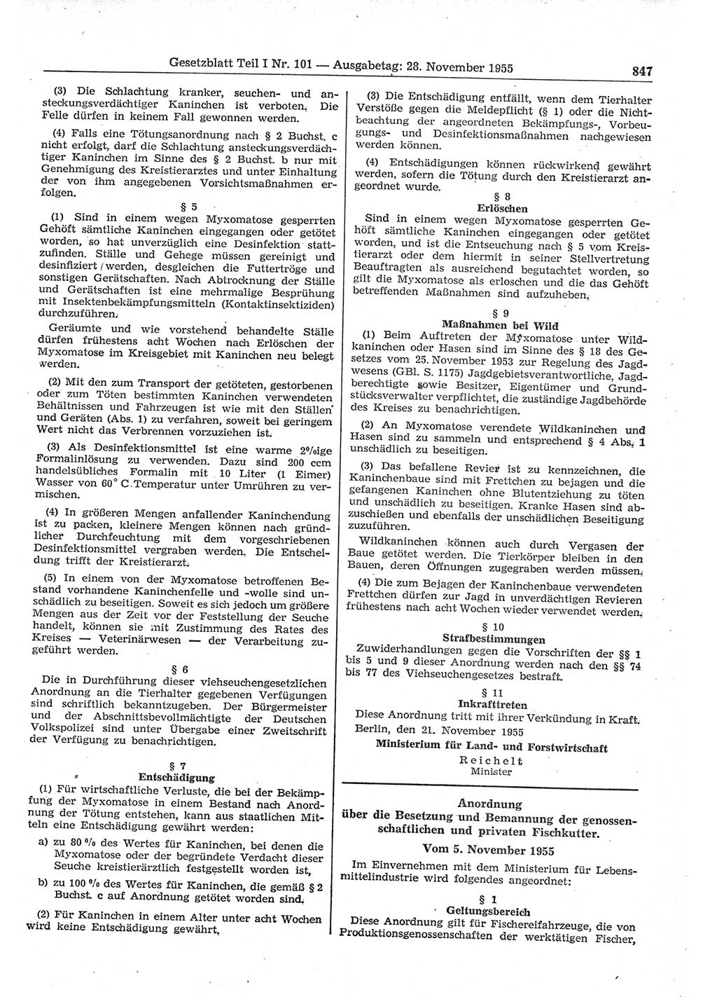 Gesetzblatt (GBl.) der Deutschen Demokratischen Republik (DDR) Teil Ⅰ 1955, Seite 847 (GBl. DDR Ⅰ 1955, S. 847)