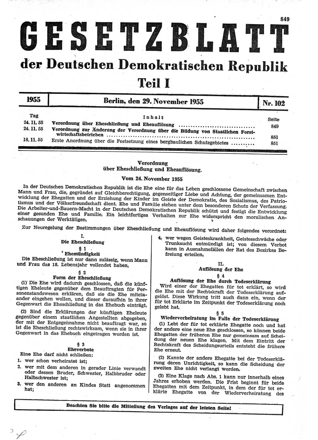 Gesetzblatt (GBl.) der Deutschen Demokratischen Republik (DDR) Teil Ⅰ 1955, Seite 849 (GBl. DDR Ⅰ 1955, S. 849)
