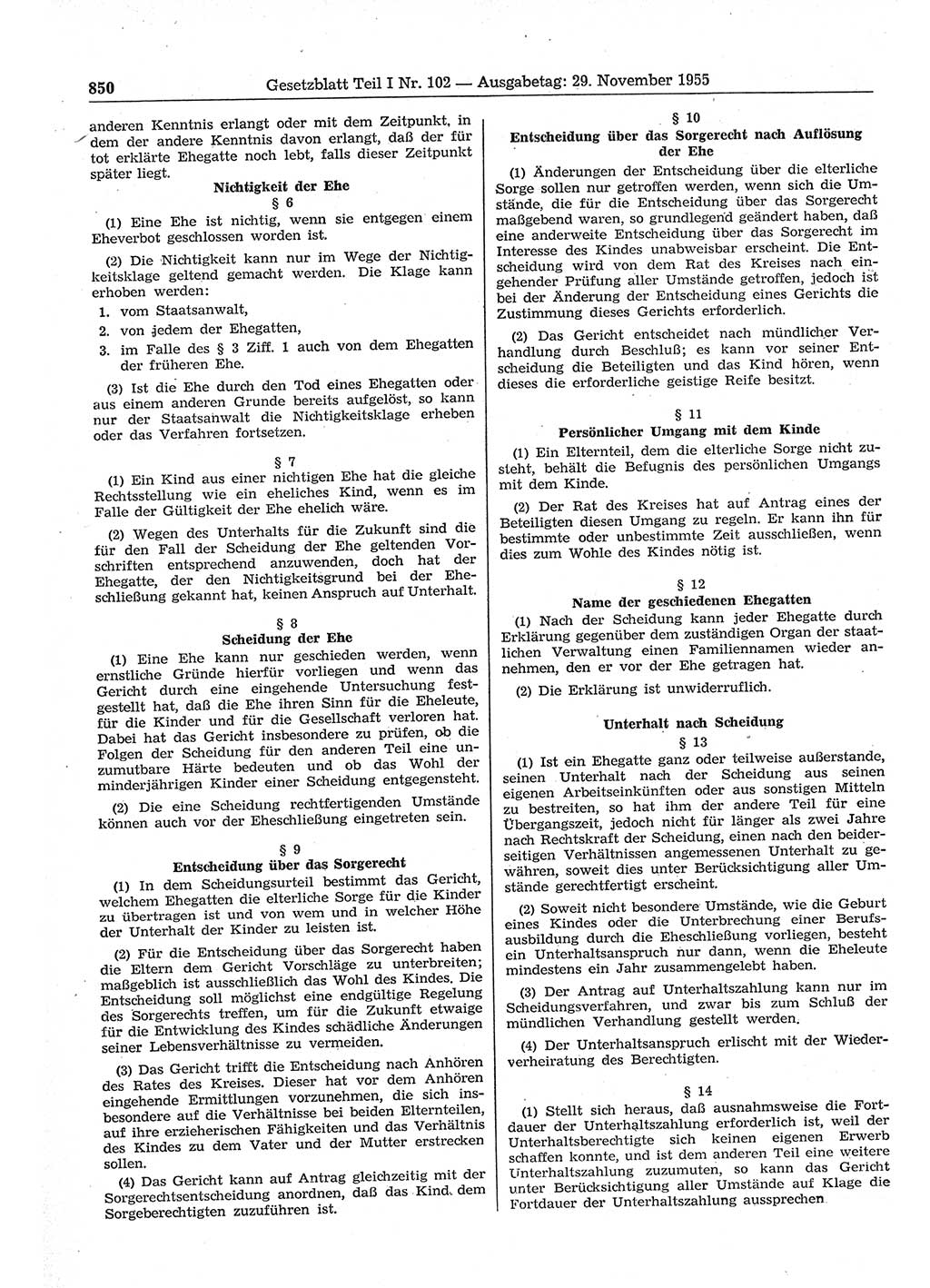 Gesetzblatt (GBl.) der Deutschen Demokratischen Republik (DDR) Teil Ⅰ 1955, Seite 850 (GBl. DDR Ⅰ 1955, S. 850)