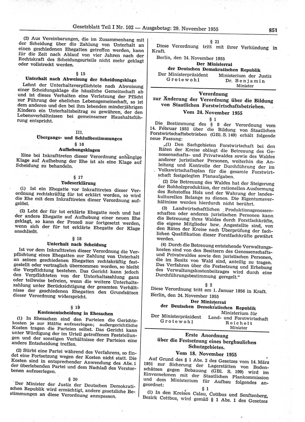 Gesetzblatt (GBl.) der Deutschen Demokratischen Republik (DDR) Teil Ⅰ 1955, Seite 851 (GBl. DDR Ⅰ 1955, S. 851)