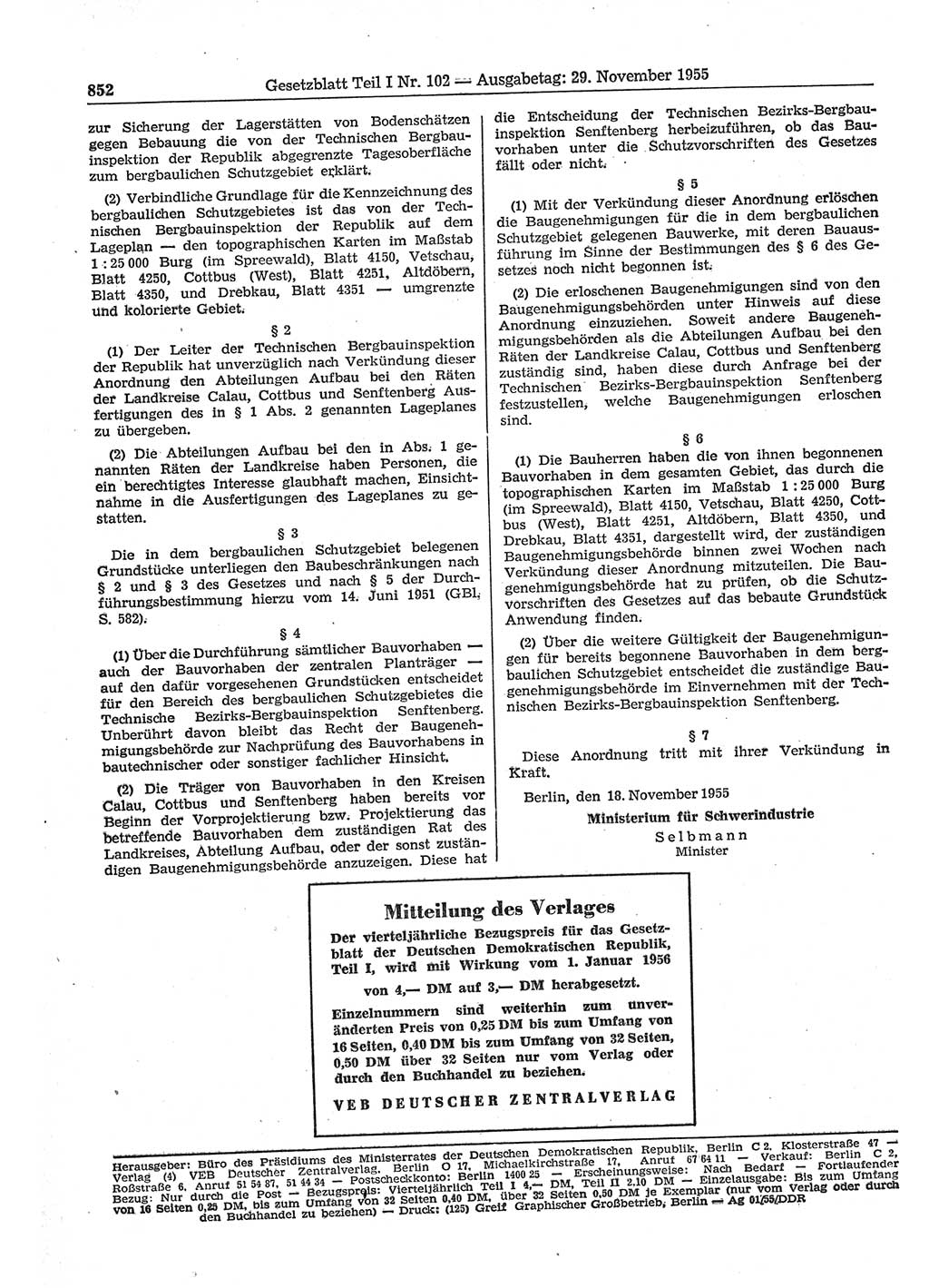 Gesetzblatt (GBl.) der Deutschen Demokratischen Republik (DDR) Teil Ⅰ 1955, Seite 852 (GBl. DDR Ⅰ 1955, S. 852)