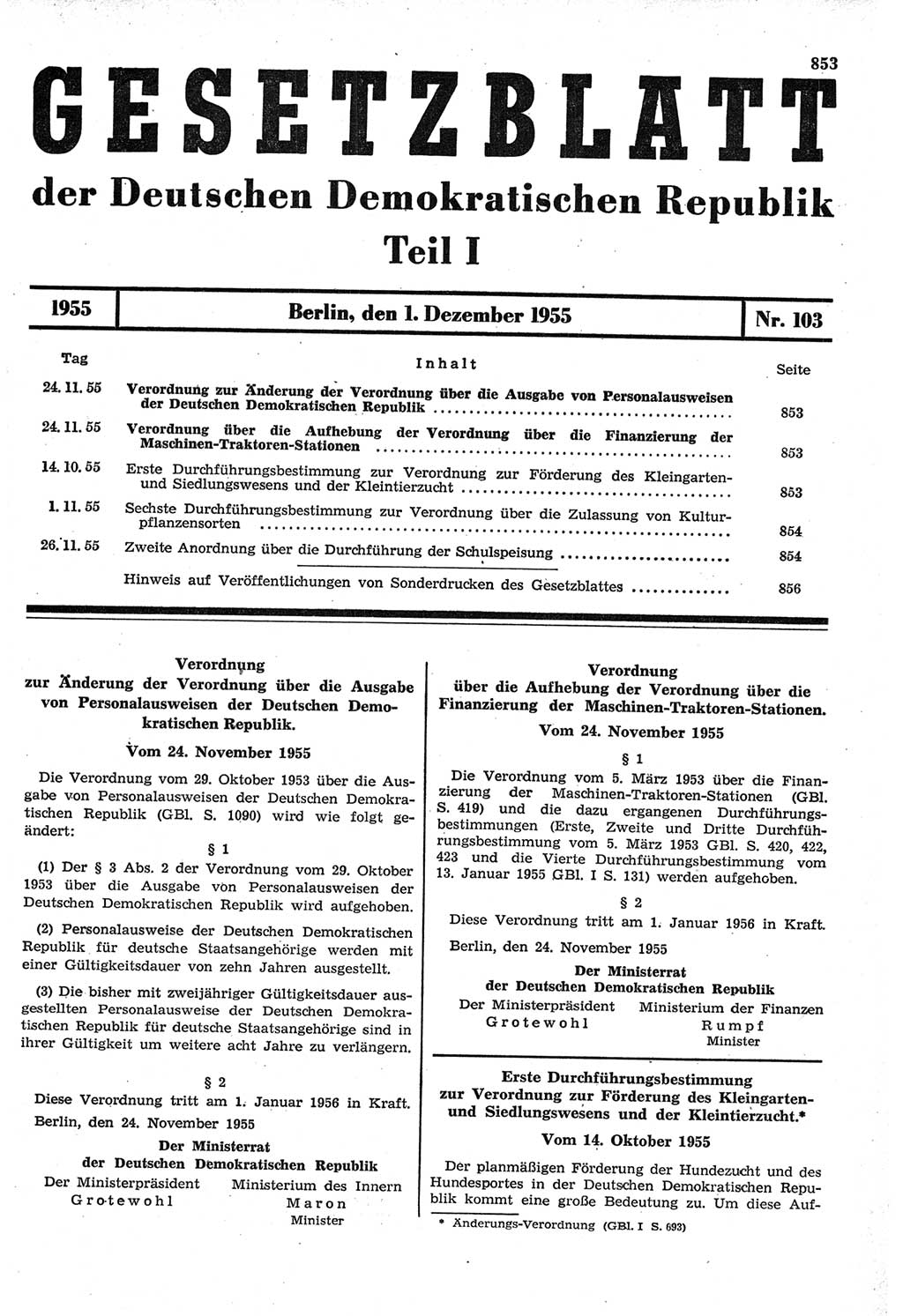 Gesetzblatt (GBl.) der Deutschen Demokratischen Republik (DDR) Teil Ⅰ 1955, Seite 853 (GBl. DDR Ⅰ 1955, S. 853)