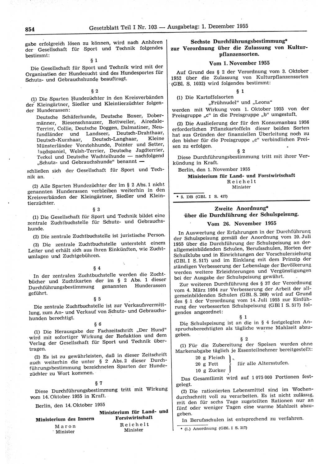 Gesetzblatt (GBl.) der Deutschen Demokratischen Republik (DDR) Teil Ⅰ 1955, Seite 854 (GBl. DDR Ⅰ 1955, S. 854)