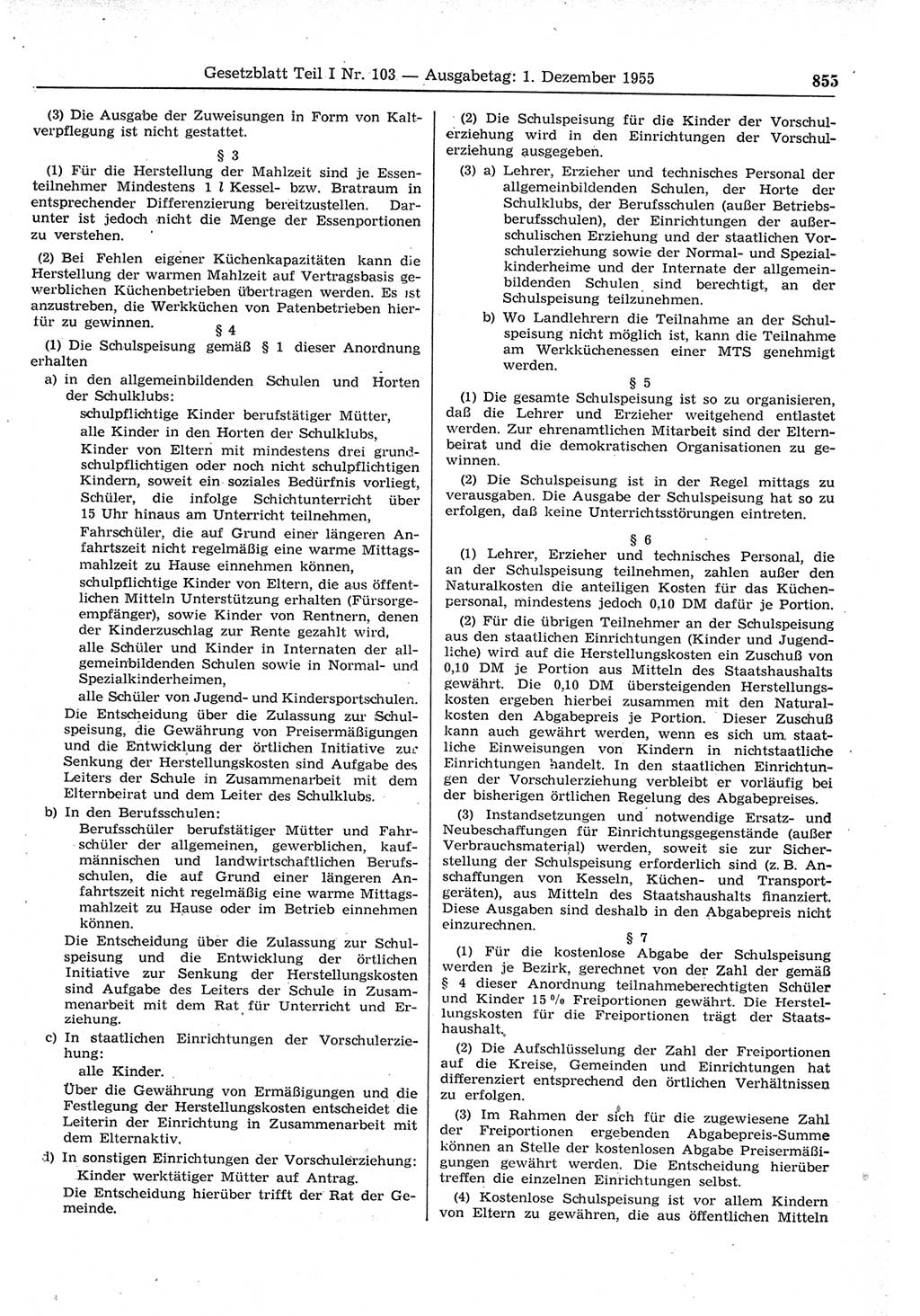 Gesetzblatt (GBl.) der Deutschen Demokratischen Republik (DDR) Teil Ⅰ 1955, Seite 855 (GBl. DDR Ⅰ 1955, S. 855)