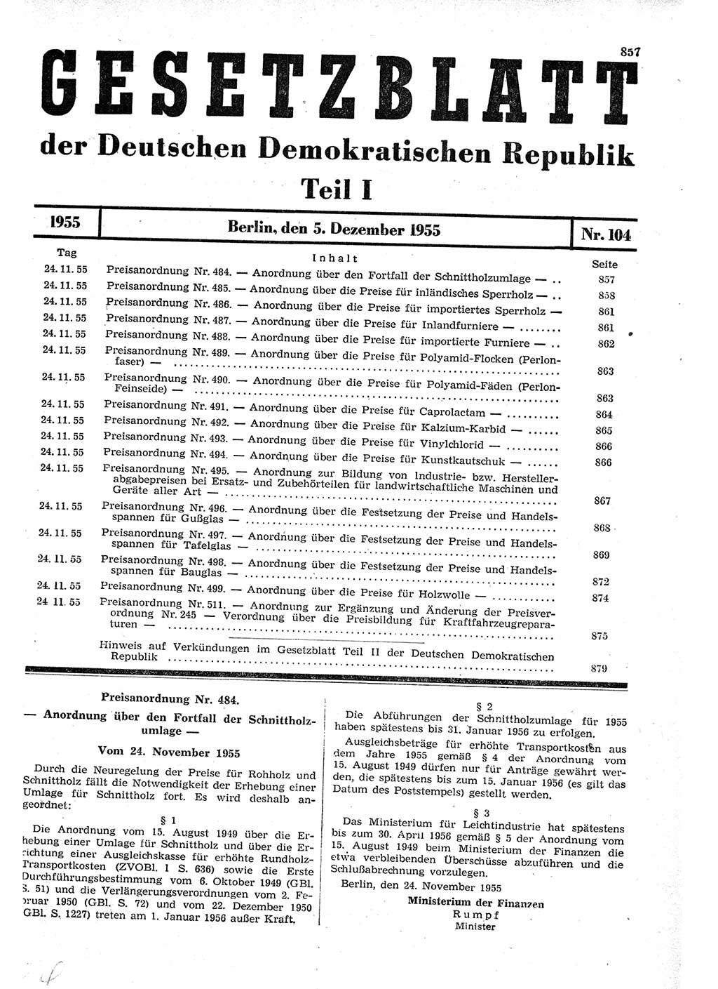 Gesetzblatt (GBl.) der Deutschen Demokratischen Republik (DDR) Teil Ⅰ 1955, Seite 857 (GBl. DDR Ⅰ 1955, S. 857)