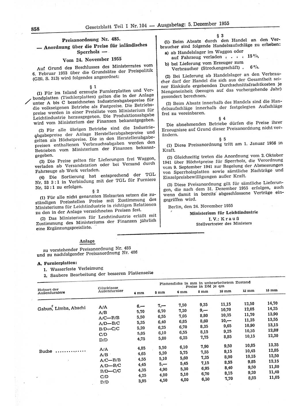Gesetzblatt (GBl.) der Deutschen Demokratischen Republik (DDR) Teil Ⅰ 1955, Seite 858 (GBl. DDR Ⅰ 1955, S. 858)