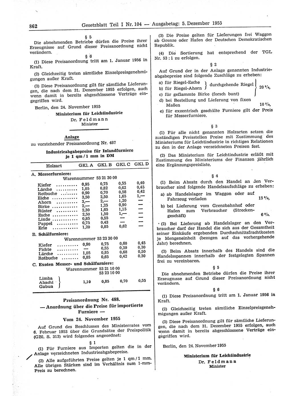 Gesetzblatt (GBl.) der Deutschen Demokratischen Republik (DDR) Teil Ⅰ 1955, Seite 862 (GBl. DDR Ⅰ 1955, S. 862)