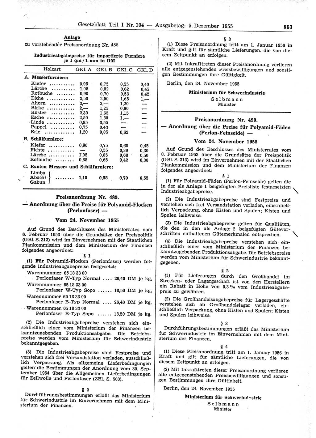 Gesetzblatt (GBl.) der Deutschen Demokratischen Republik (DDR) Teil Ⅰ 1955, Seite 863 (GBl. DDR Ⅰ 1955, S. 863)