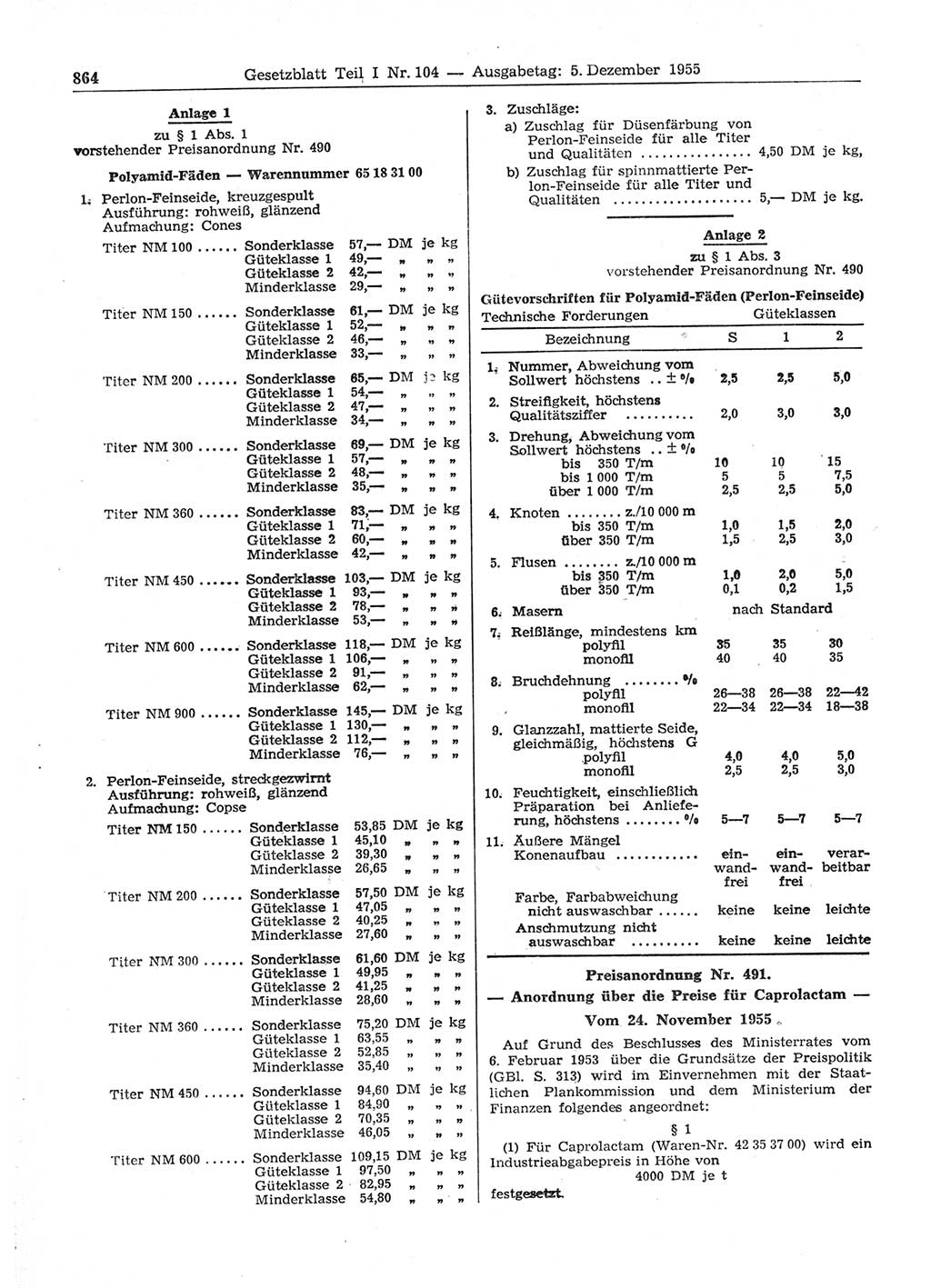 Gesetzblatt (GBl.) der Deutschen Demokratischen Republik (DDR) Teil Ⅰ 1955, Seite 864 (GBl. DDR Ⅰ 1955, S. 864)