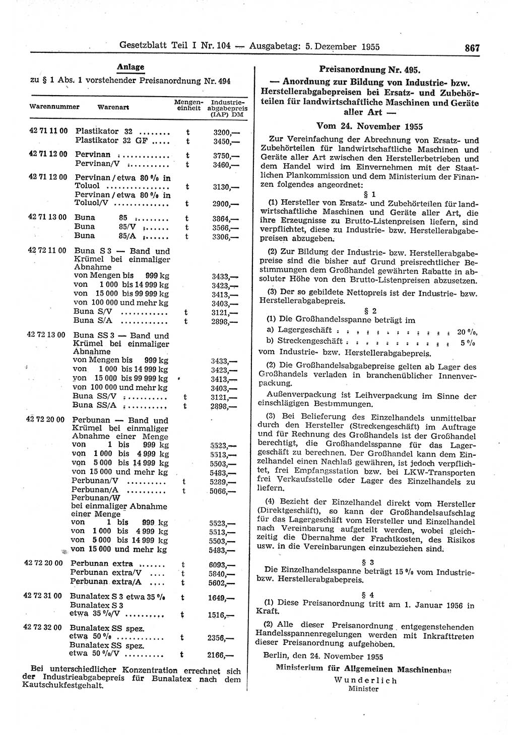 Gesetzblatt (GBl.) der Deutschen Demokratischen Republik (DDR) Teil Ⅰ 1955, Seite 867 (GBl. DDR Ⅰ 1955, S. 867)