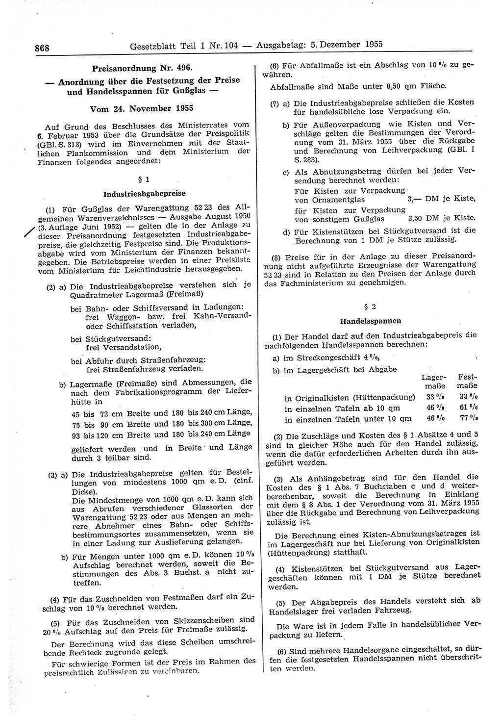 Gesetzblatt (GBl.) der Deutschen Demokratischen Republik (DDR) Teil Ⅰ 1955, Seite 868 (GBl. DDR Ⅰ 1955, S. 868)