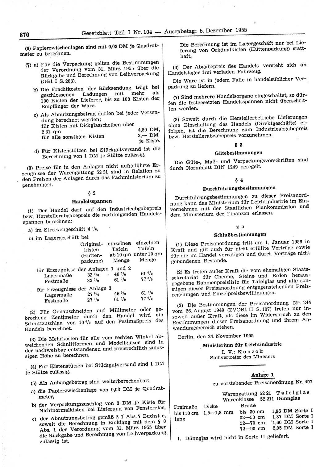Gesetzblatt (GBl.) der Deutschen Demokratischen Republik (DDR) Teil Ⅰ 1955, Seite 870 (GBl. DDR Ⅰ 1955, S. 870)