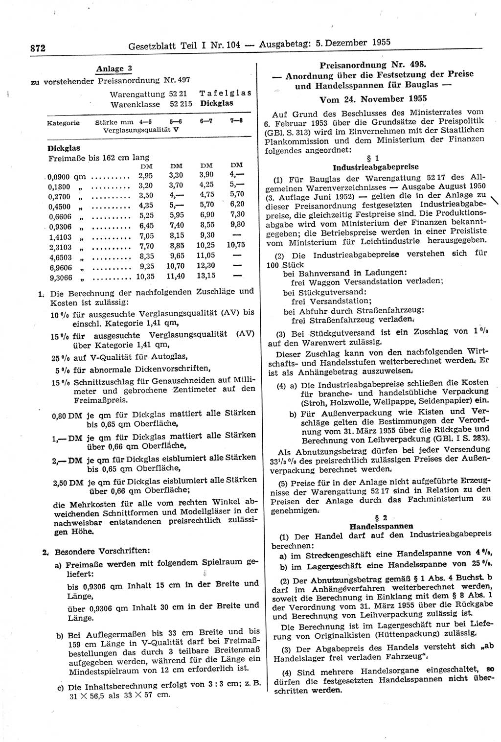 Gesetzblatt (GBl.) der Deutschen Demokratischen Republik (DDR) Teil Ⅰ 1955, Seite 872 (GBl. DDR Ⅰ 1955, S. 872)