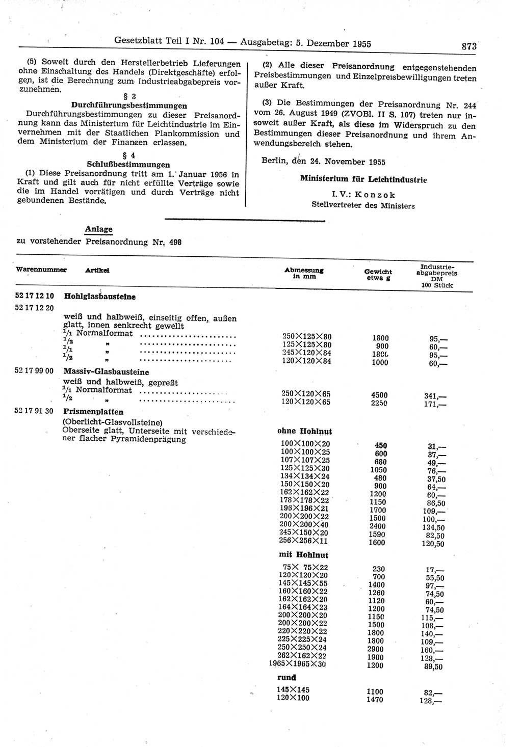 Gesetzblatt (GBl.) der Deutschen Demokratischen Republik (DDR) Teil Ⅰ 1955, Seite 873 (GBl. DDR Ⅰ 1955, S. 873)