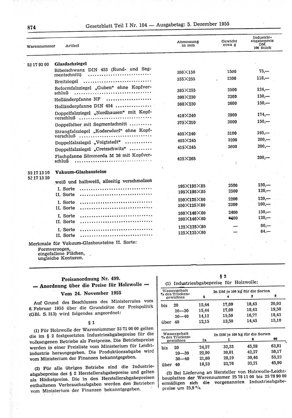 Gesetzblatt (GBl.) der Deutschen Demokratischen Republik (DDR) Teil Ⅰ 1955, Seite 874 (GBl. DDR Ⅰ 1955, S. 874)