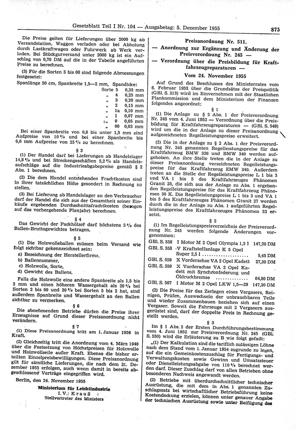 Gesetzblatt (GBl.) der Deutschen Demokratischen Republik (DDR) Teil Ⅰ 1955, Seite 875 (GBl. DDR Ⅰ 1955, S. 875)