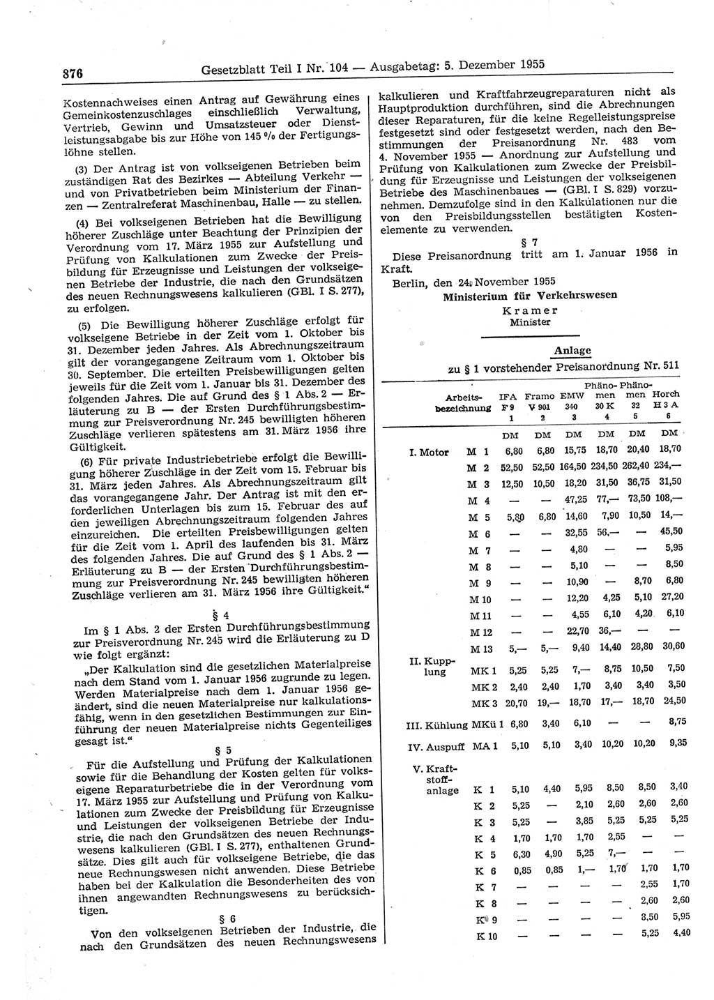 Gesetzblatt (GBl.) der Deutschen Demokratischen Republik (DDR) Teil Ⅰ 1955, Seite 876 (GBl. DDR Ⅰ 1955, S. 876)