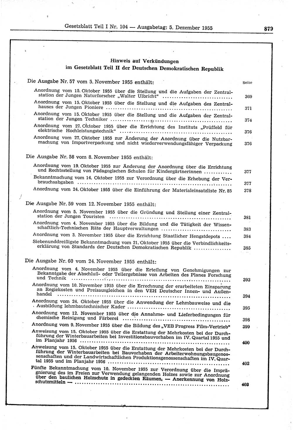 Gesetzblatt (GBl.) der Deutschen Demokratischen Republik (DDR) Teil Ⅰ 1955, Seite 879 (GBl. DDR Ⅰ 1955, S. 879)