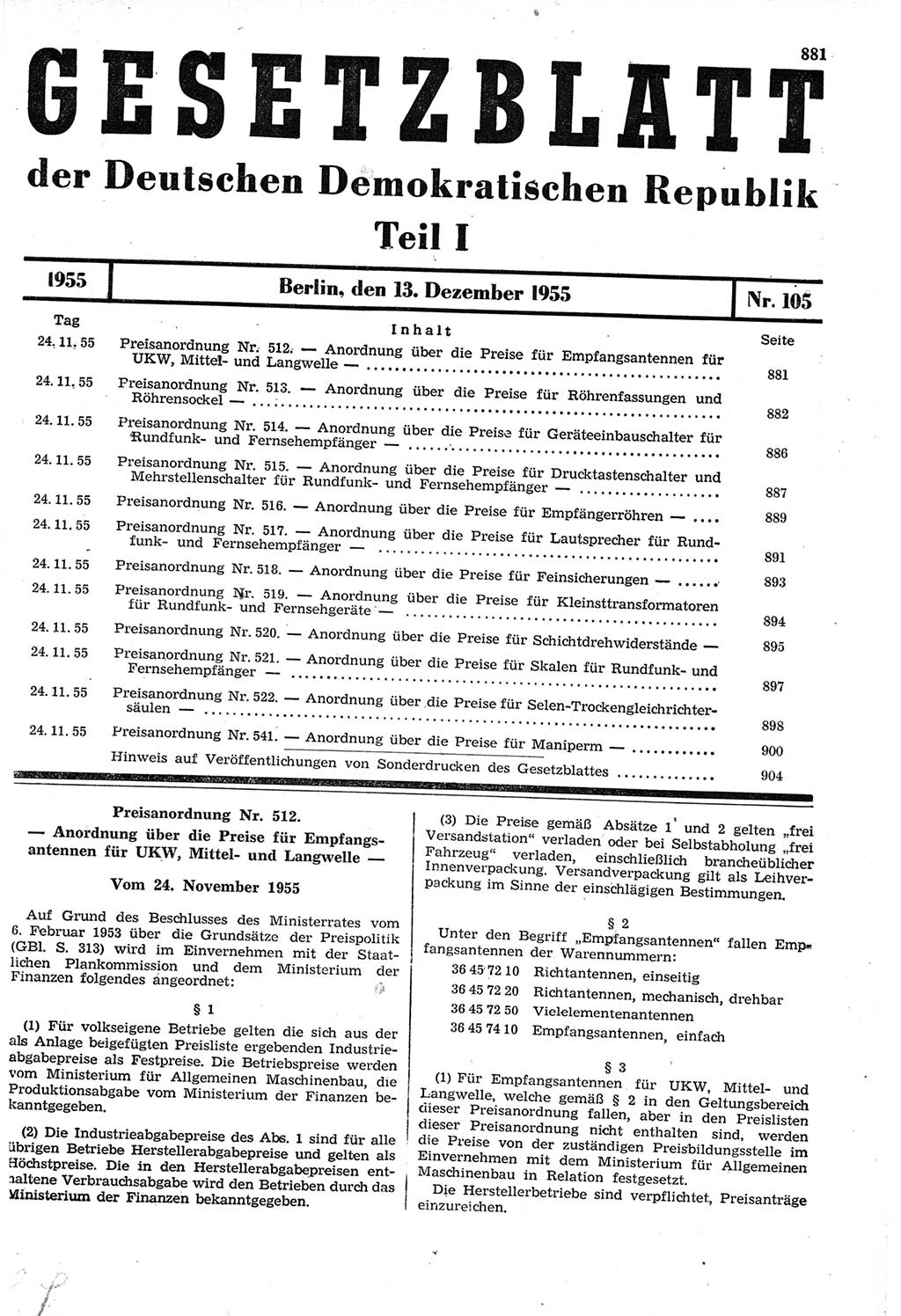 Gesetzblatt (GBl.) der Deutschen Demokratischen Republik (DDR) Teil Ⅰ 1955, Seite 881 (GBl. DDR Ⅰ 1955, S. 881)