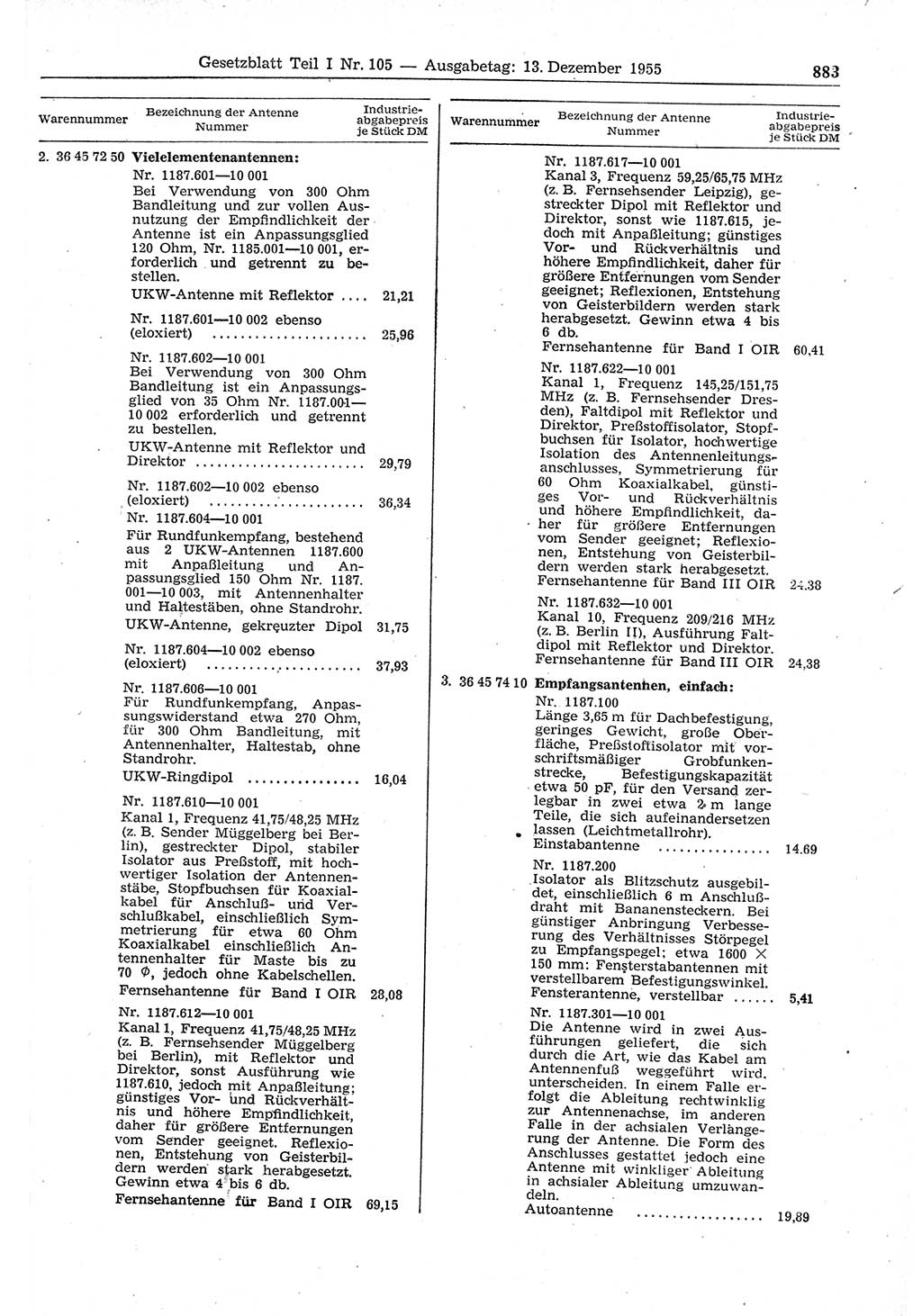 Gesetzblatt (GBl.) der Deutschen Demokratischen Republik (DDR) Teil Ⅰ 1955, Seite 883 (GBl. DDR Ⅰ 1955, S. 883)