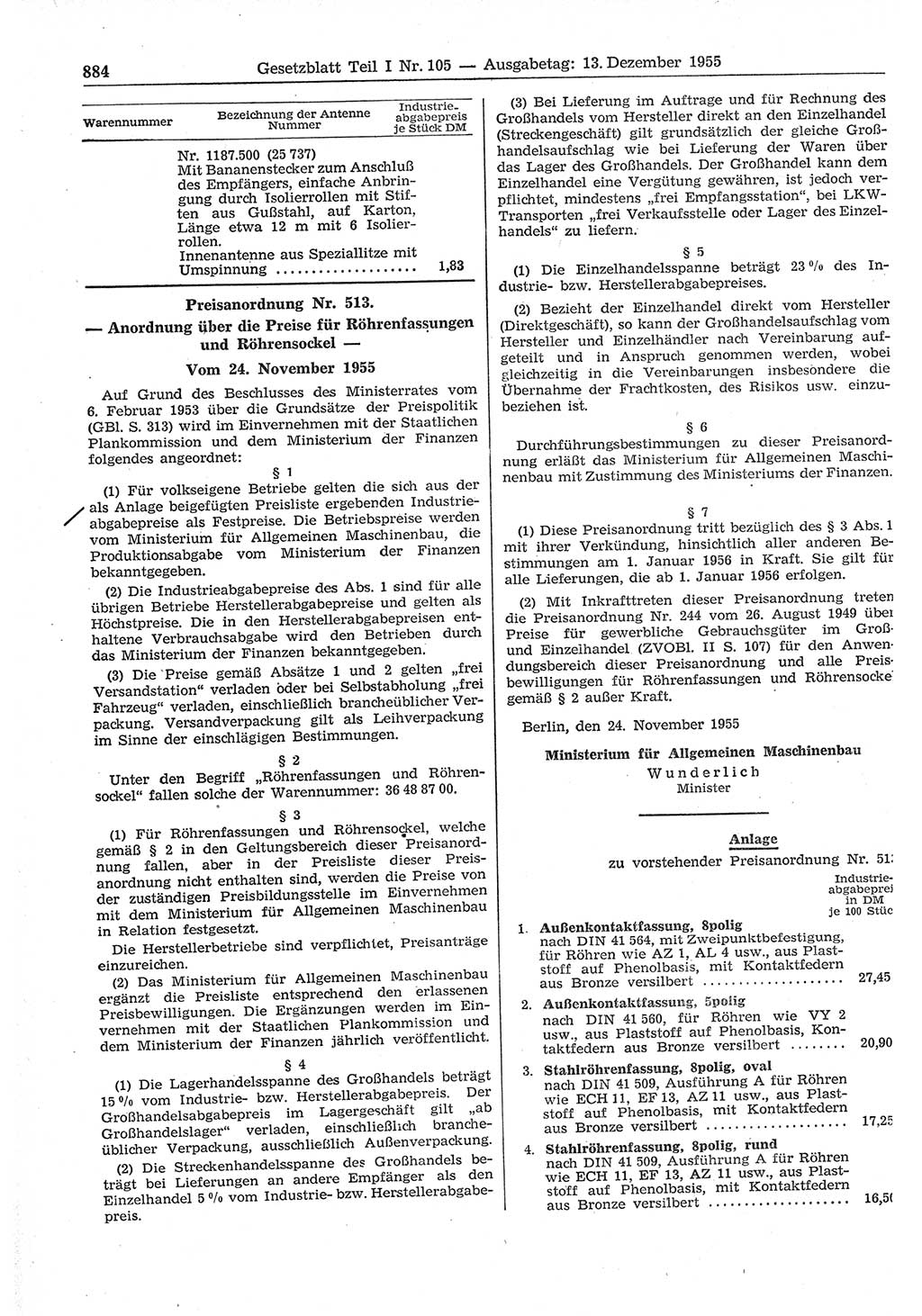Gesetzblatt (GBl.) der Deutschen Demokratischen Republik (DDR) Teil Ⅰ 1955, Seite 884 (GBl. DDR Ⅰ 1955, S. 884)
