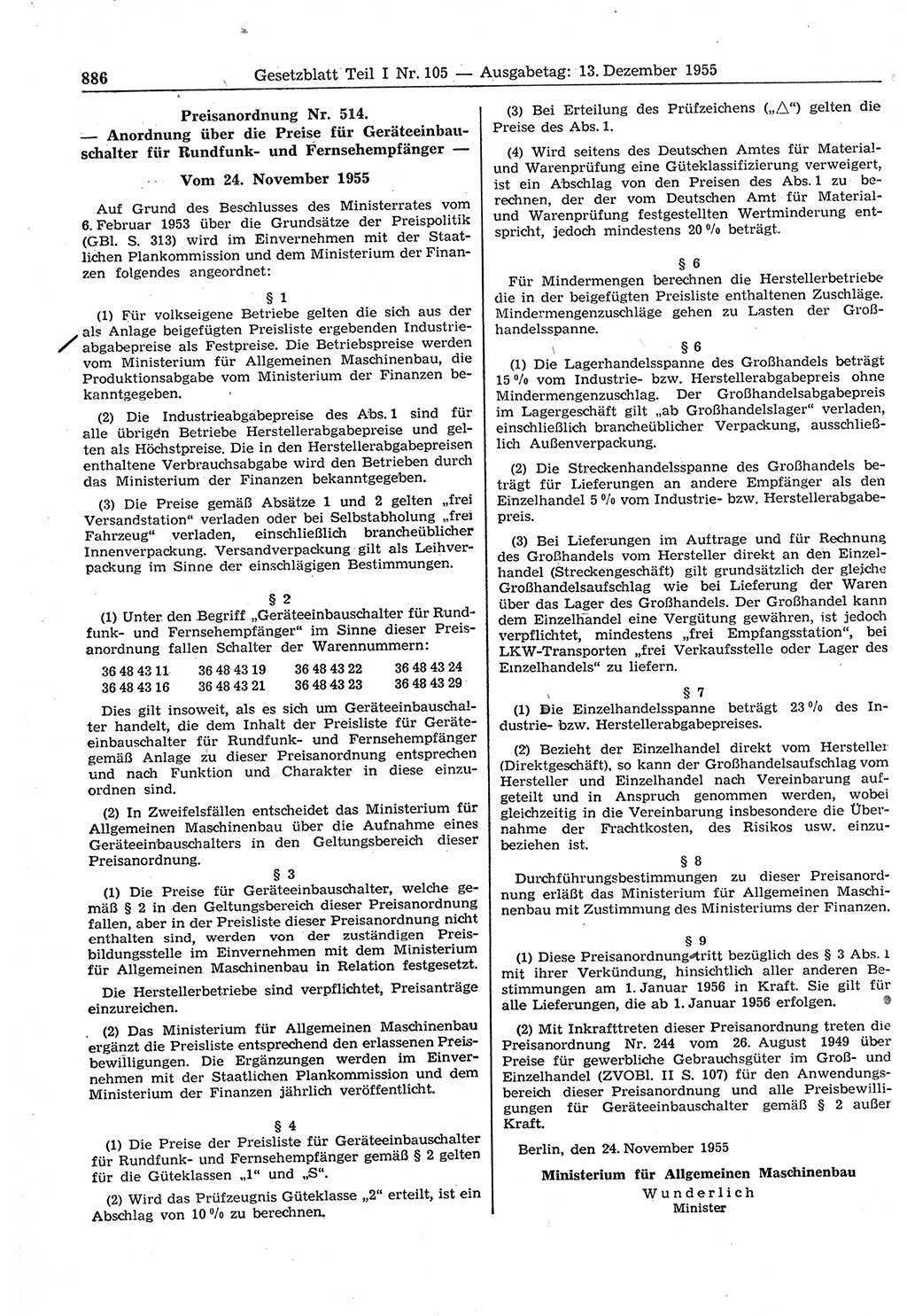 Gesetzblatt (GBl.) der Deutschen Demokratischen Republik (DDR) Teil Ⅰ 1955, Seite 886 (GBl. DDR Ⅰ 1955, S. 886)