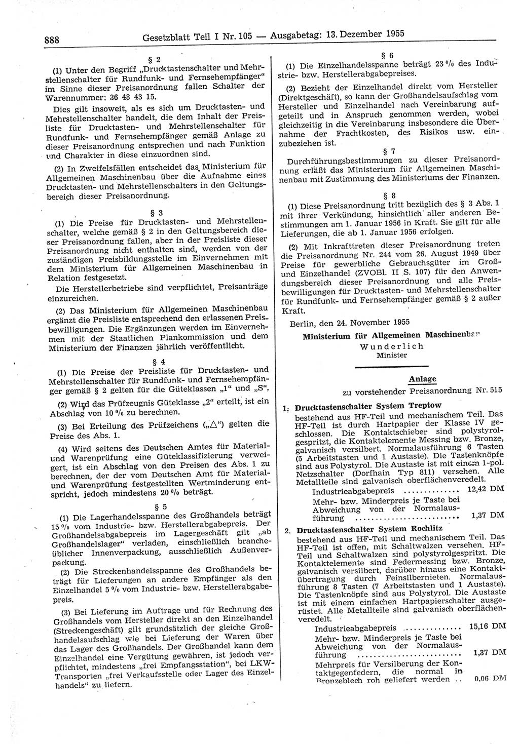Gesetzblatt (GBl.) der Deutschen Demokratischen Republik (DDR) Teil Ⅰ 1955, Seite 888 (GBl. DDR Ⅰ 1955, S. 888)