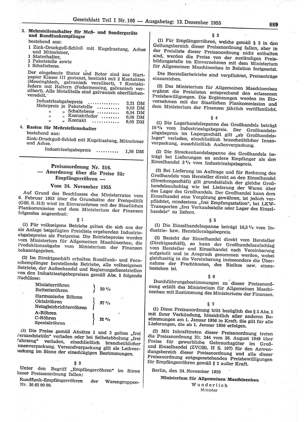 Gesetzblatt (GBl.) der Deutschen Demokratischen Republik (DDR) Teil Ⅰ 1955, Seite 889 (GBl. DDR Ⅰ 1955, S. 889)